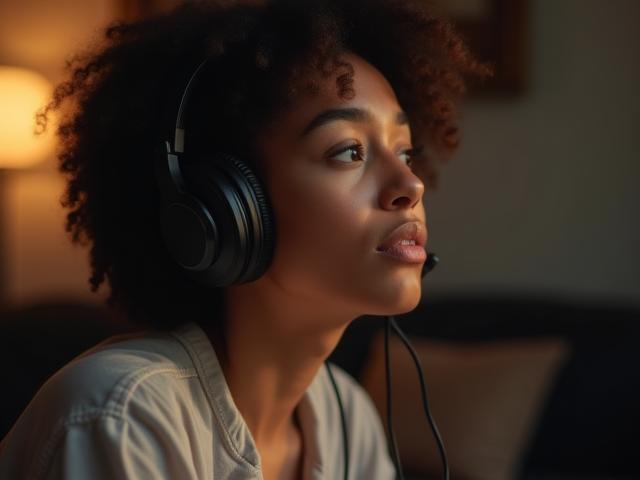 Person listening thoughtfully to music with headphones, looking inspired